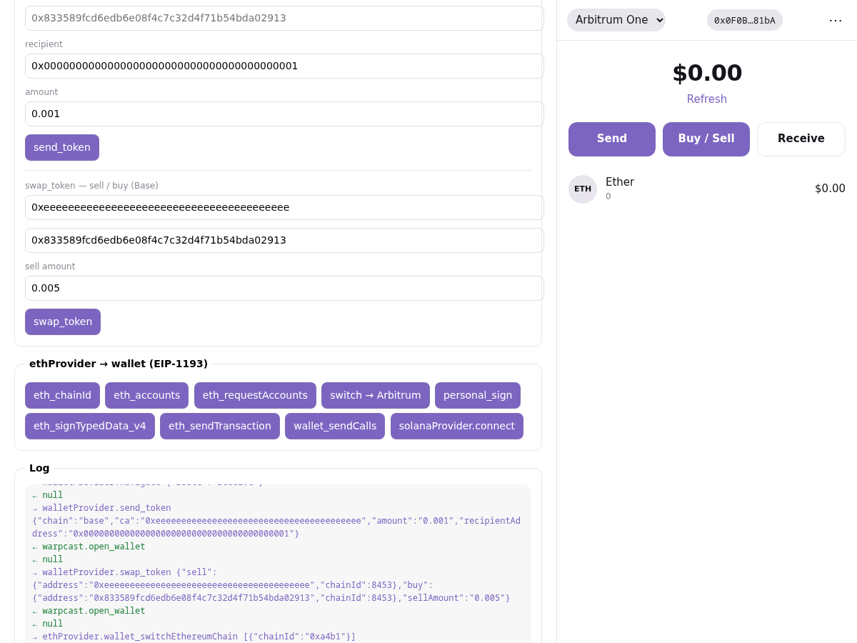 The host harness driving the wallet, with a full protocol log