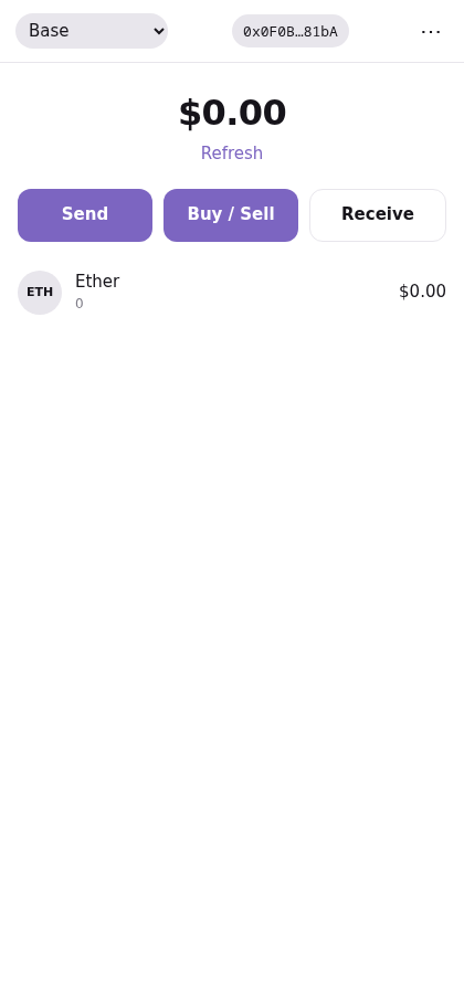 Wallet home screen showing chain picker, balance and send/buy/receive